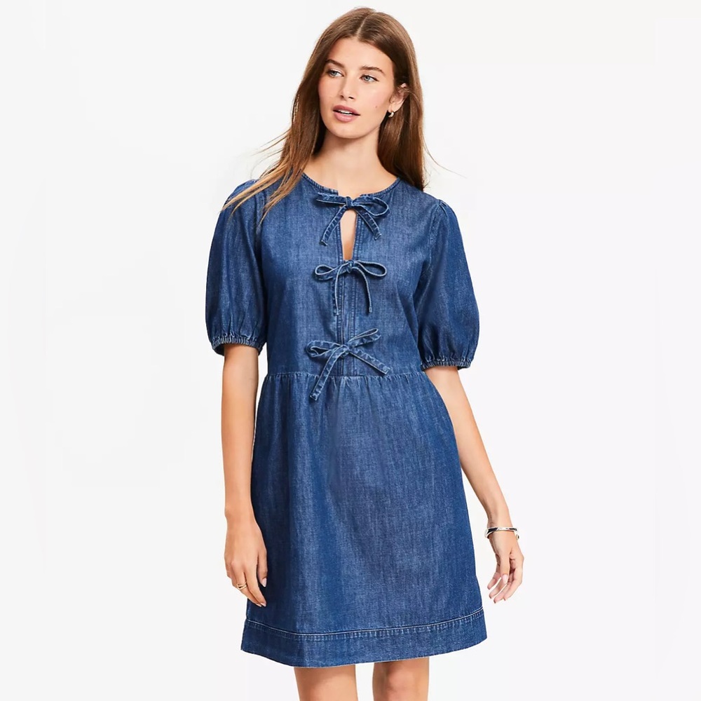 LOFT Chambray Bow Mini Pocket Dress sz M - Picture 2 of 3